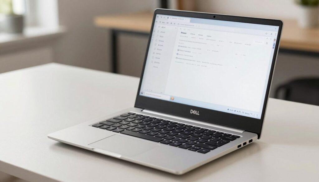 Dell Inspiron 15 deschis, evidențiind designul elegant, tastatura ergonomică și ecranul WVA de 15.6 inch cu margini subțiri Dell Inspiron 15 deschis, evidențiind designul elegant, tastatura ergonomică și ecranul WVA de 15.6 inch cu margini subțiri