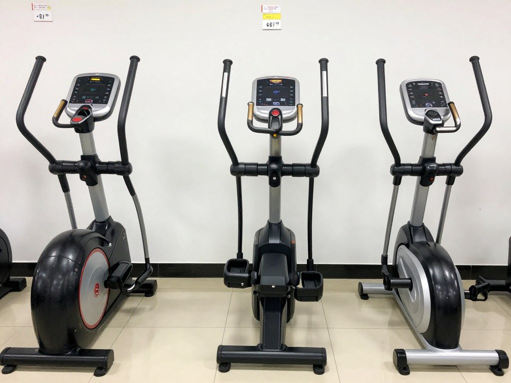 Diferite modele de biciclete eliptice aranjate pentru comparație, evidențiind diferențele de design și dimensiuni