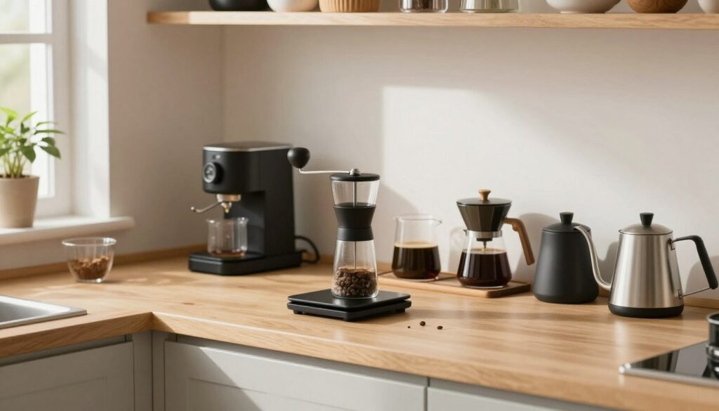 Diverse accesorii pentru cafea acasă aranjate pe o masă de bucătărie modernă