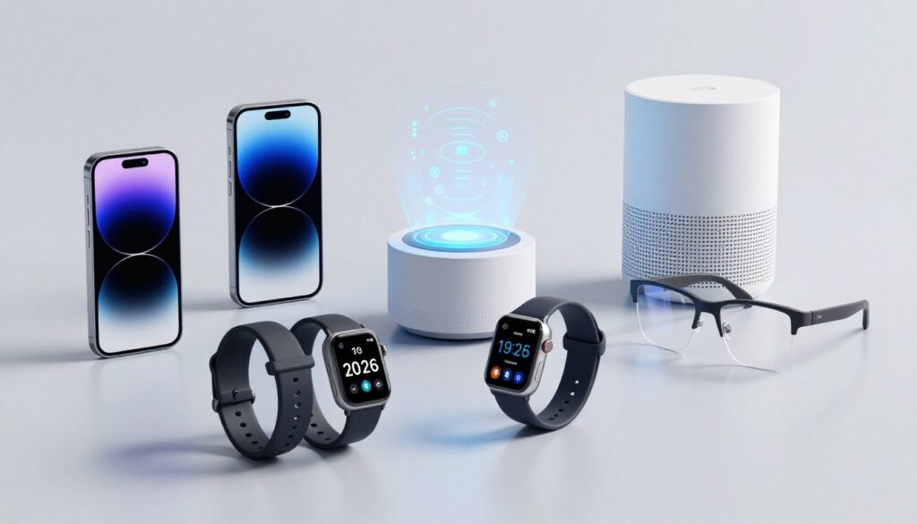 Diverse gadgeturi moderne din 2026 cu AI integrat, inclusiv smartphone-uri, ceasuri inteligente și asistenți virtuali