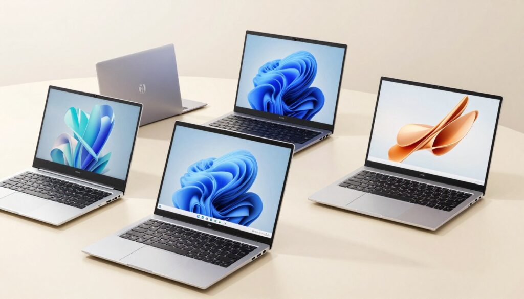 Diverse laptopuri buget aranjate pe o masă, evidențiind diferențele de design și dimensiuni între modelele populare din 2026 Diverse laptopuri buget aranjate pe o masă, evidențiind diferențele de design și dimensiuni între modelele populare din 2026