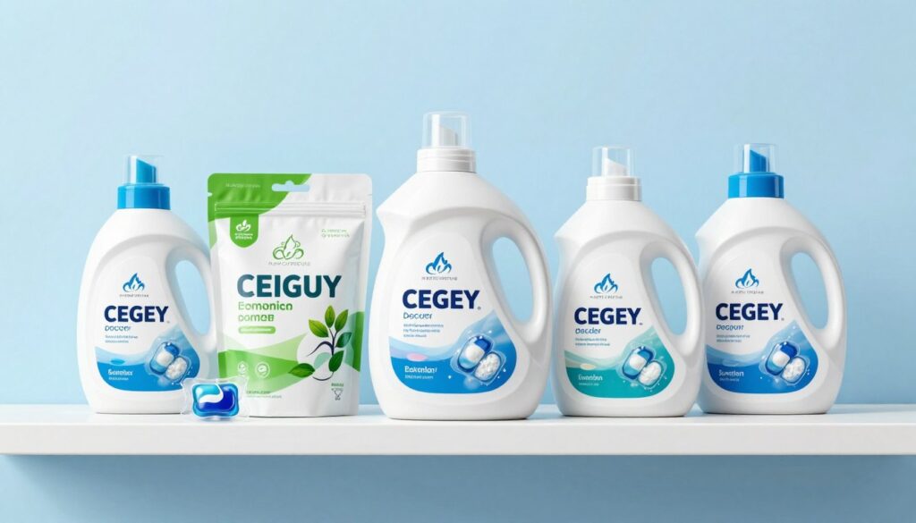 Diverse tipuri de detergenți de rufe aranjate pe un raft, incluzând cel mai bun detergent de rufe în 2026