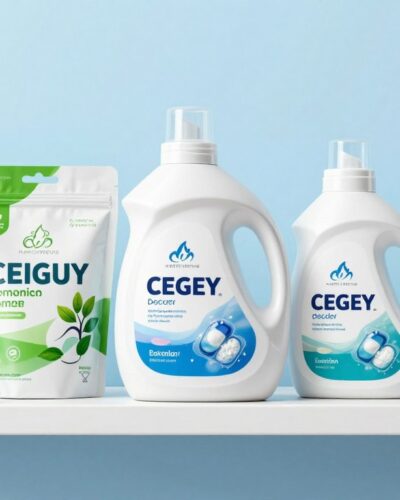 Diverse tipuri de detergenți de rufe aranjate pe un raft, incluzând cel mai bun detergent de rufe în 2026