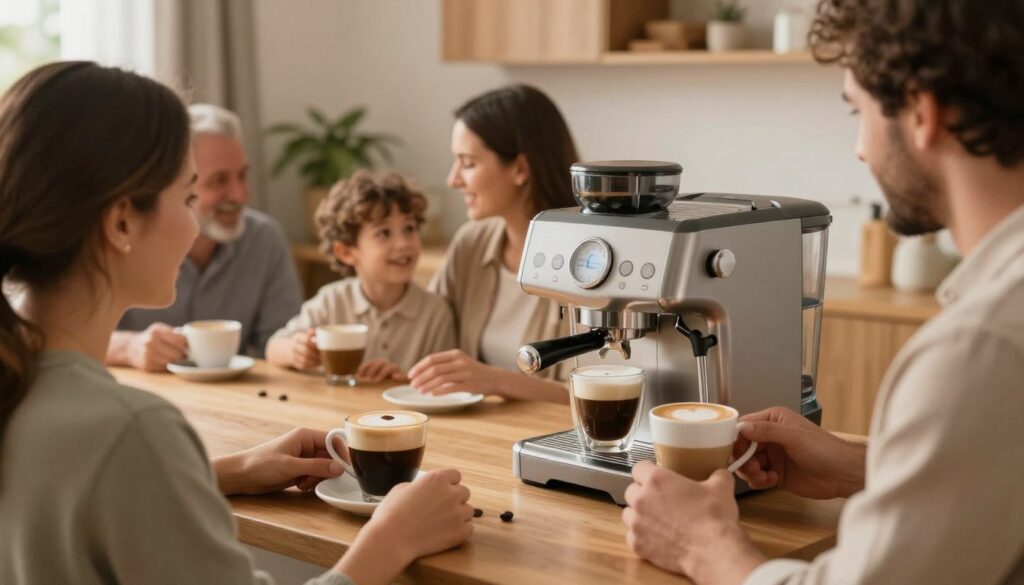 Familie bucurându-se de cafea preparată cu un espressor automat acasă