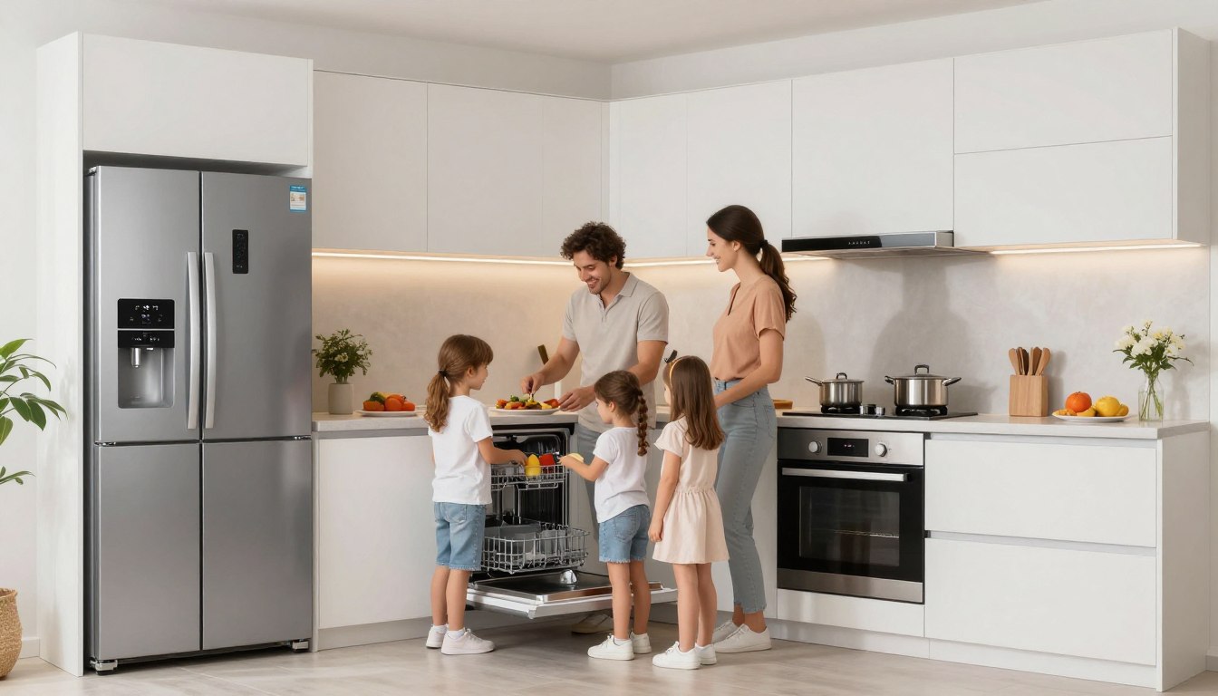 Familie din România bucurându-se de o bucătărie modernă cu electrocasnice eficiente energetic A+++ Familie din România bucurându-se de o bucătărie modernă cu electrocasnice eficiente energetic A+++