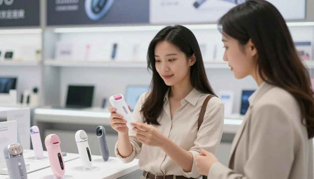 Femeie alegând între diferite tipuri de epilatoare într-un magazin Femeie alegând între diferite tipuri de epilatoare într-un magazin