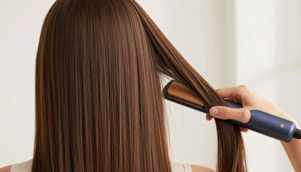Femeie cu păr perfect întins folosind o placă de păr modernă