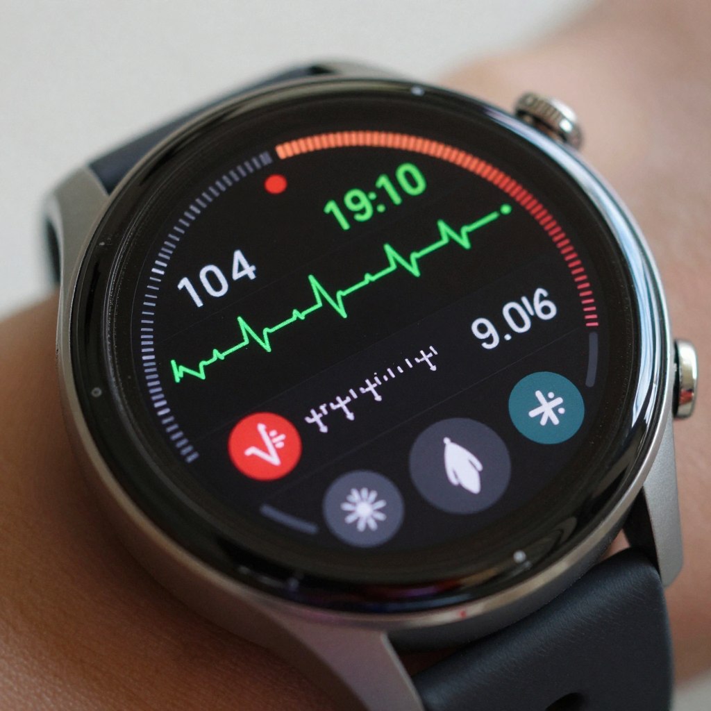 Interfața unui smartwatch arătând monitorizarea continuă a parametrilor vitali Interfața unui smartwatch arătând monitorizarea continuă a parametrilor vitali