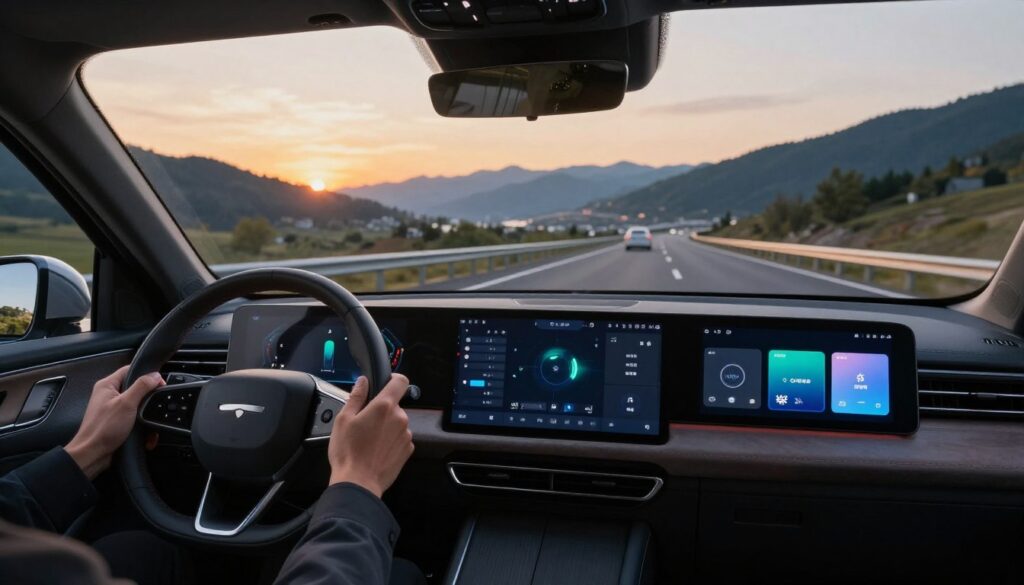 Mașină echipată complet cu gadgeturi moderne pe un drum scenic din România Mașină echipată complet cu gadgeturi moderne pe un drum scenic din România