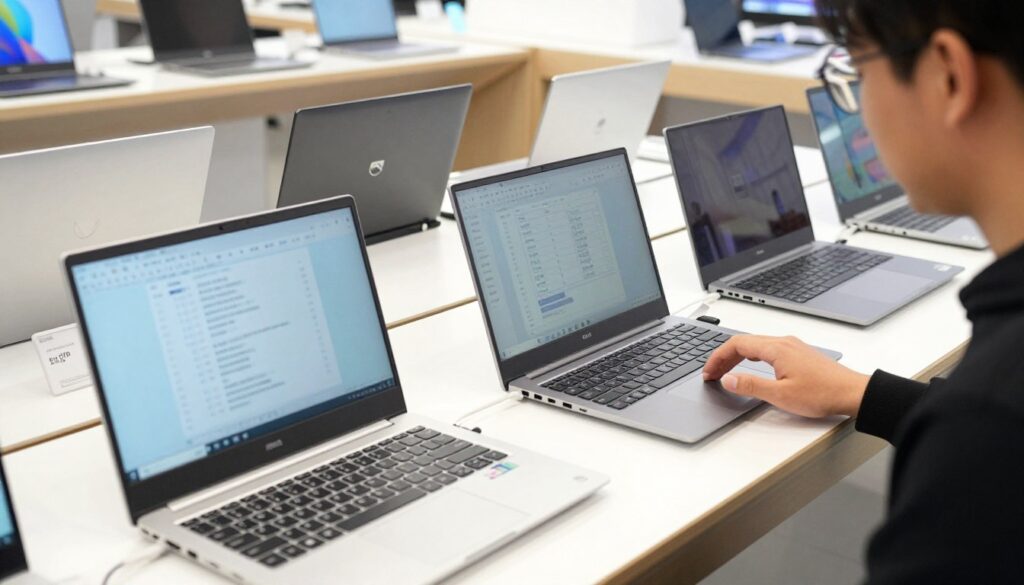 O persoană comparând specificațiile mai multor laptopuri buget într-un magazin de electronice, cu etichete de preț vizibile O persoană comparând specificațiile mai multor laptopuri buget într-un magazin de electronice, cu etichete de preț vizibile