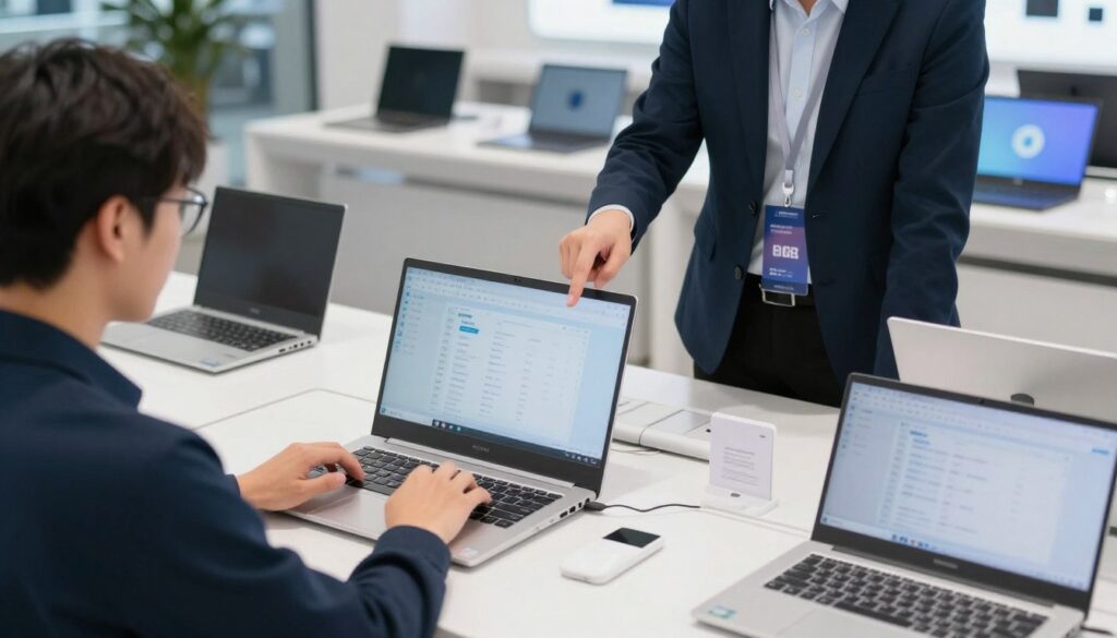 O persoană testând tastatura și ecranul unui laptop buget într-un showroom, cu un consultant oferind informații O persoană testând tastatura și ecranul unui laptop buget într-un showroom, cu un consultant oferind informații