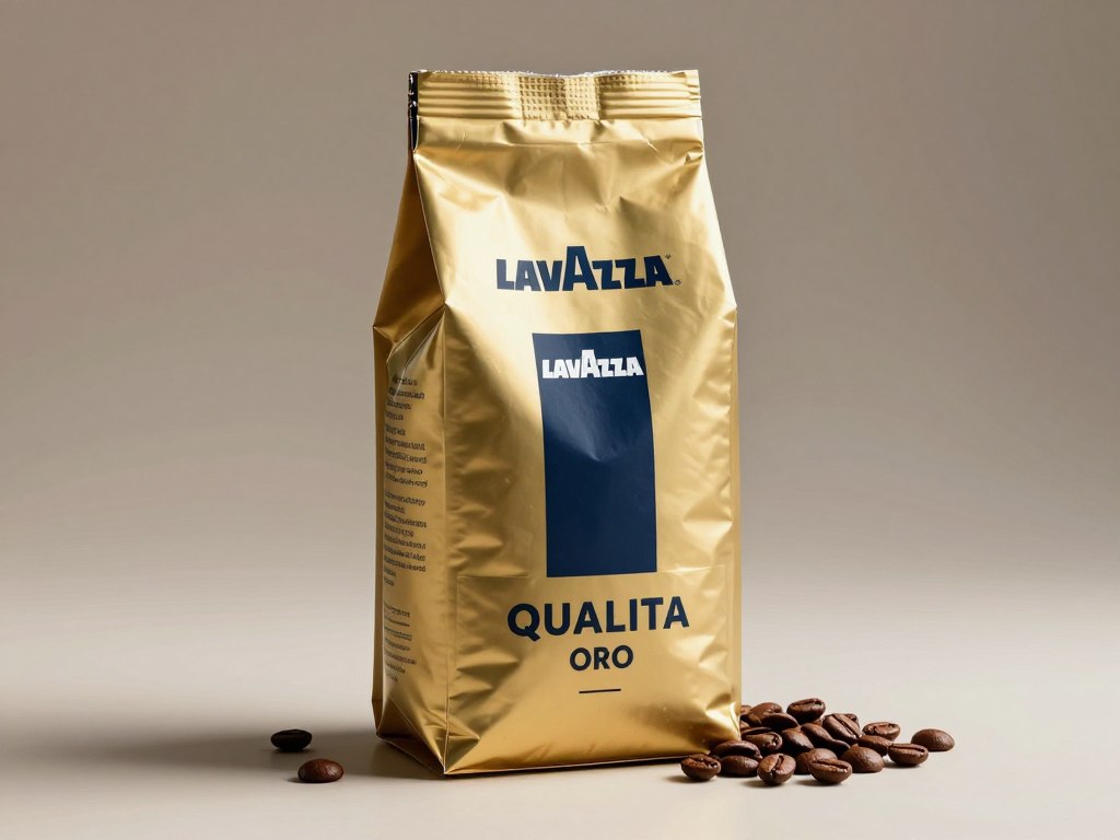 Pachet de cafea boabe Lavazza Qualita Oro cu boabe de cafea premium împrăștiate în jurul său Pachet de cafea boabe Lavazza Qualita Oro cu boabe de cafea premium împrăștiate în jurul său