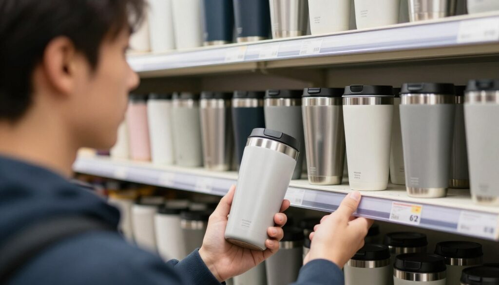 Persoană analizând diferite caracteristici ale unei căni termos într-un magazin Persoană analizând diferite caracteristici ale unei căni termos într-un magazin