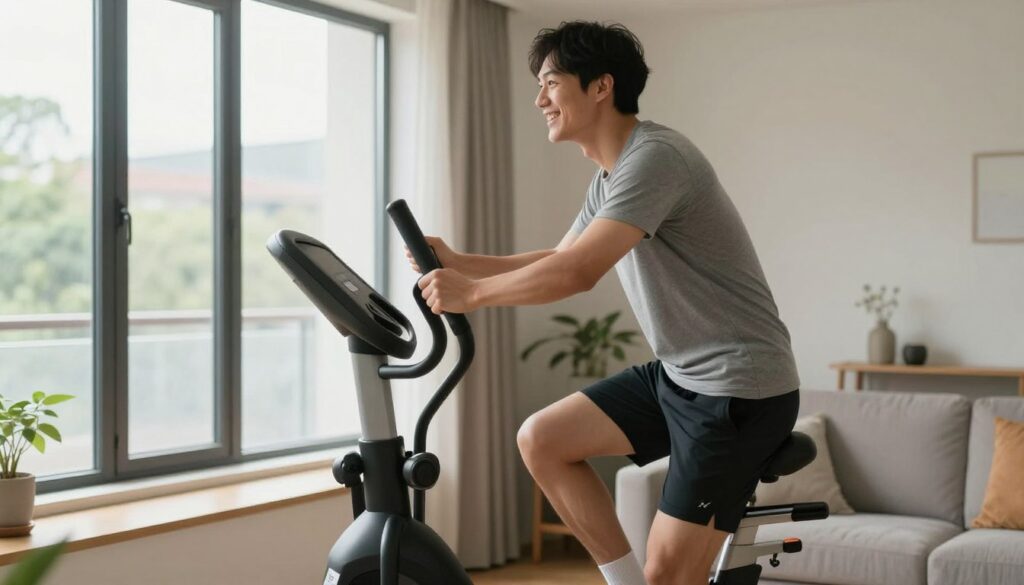 Persoană care se bucură de beneficiile antrenamentului pe o bicicletă eliptică acasă