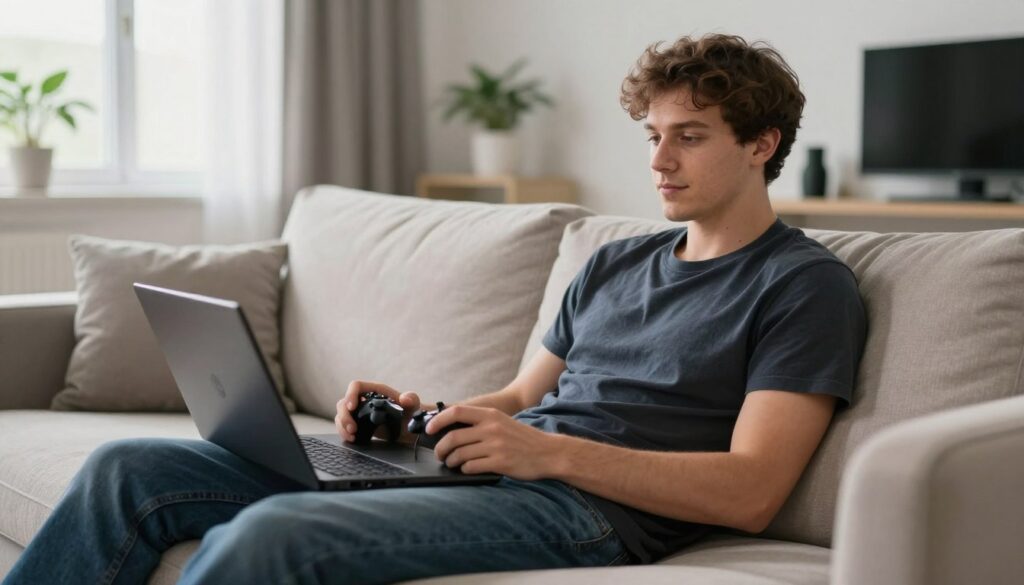 Persoană care se bucură de gaming casual pe canapea cu gadgeturi simple