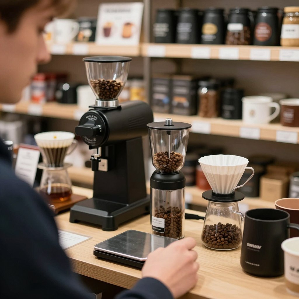 Persoană comparând diferite accesorii pentru cafea într-un magazin Persoană comparând diferite accesorii pentru cafea într-un magazin