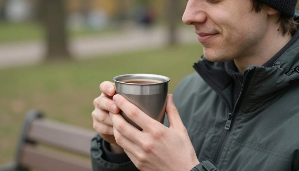 Persoană savurând cafea dintr-o cană termos în aer liber Persoană savurând cafea dintr-o cană termos în aer liber