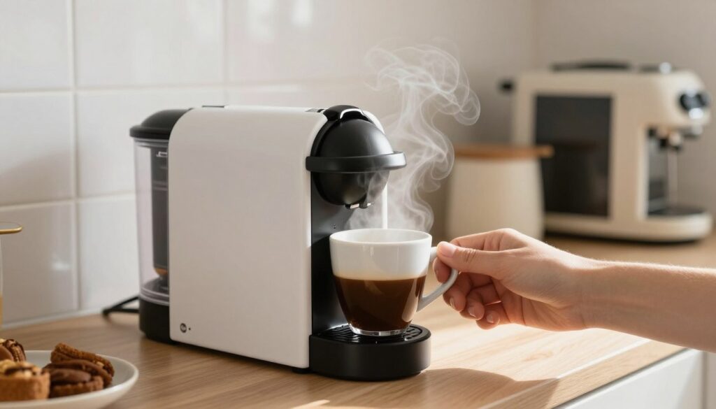 Persoană savurând o cafea preparată la un aparat cu capsule în bucătăria modernă Persoană savurând o cafea preparată la un aparat cu capsule în bucătăria modernă