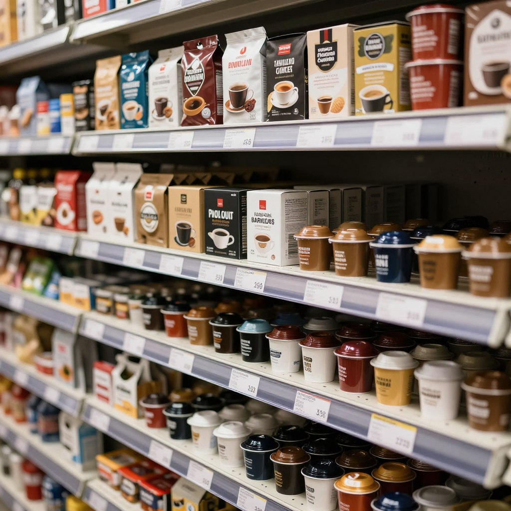 Raft cu capsule compatibile într-un supermarket Raft cu capsule compatibile într-un supermarket