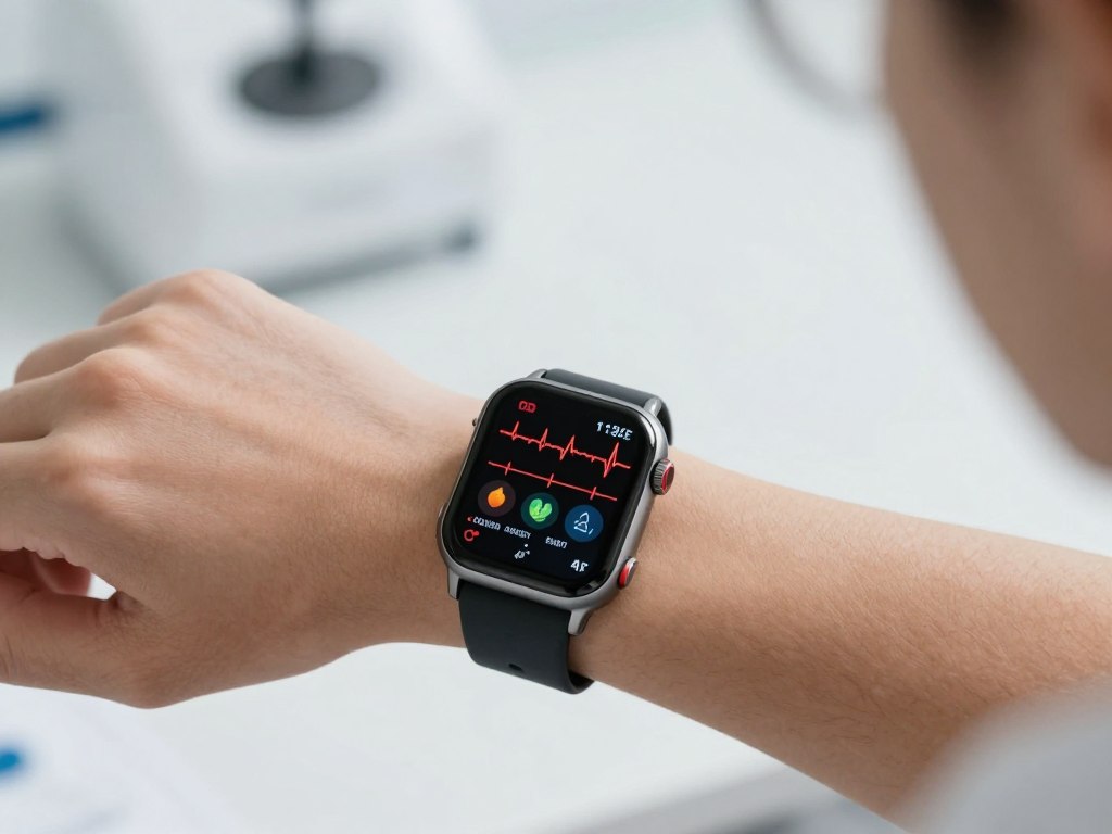 Smartwatch cu AI monitorizând semnele vitale și oferind diagnostice preliminare Smartwatch cu AI monitorizând semnele vitale și oferind diagnostice preliminare