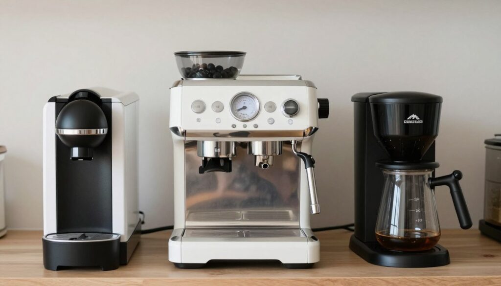 Trei tipuri de aparate de cafea: cu capsule, espressor tradițional și filtru, aranjate pentru comparație Trei tipuri de aparate de cafea: cu capsule, espressor tradițional și filtru, aranjate pentru comparație