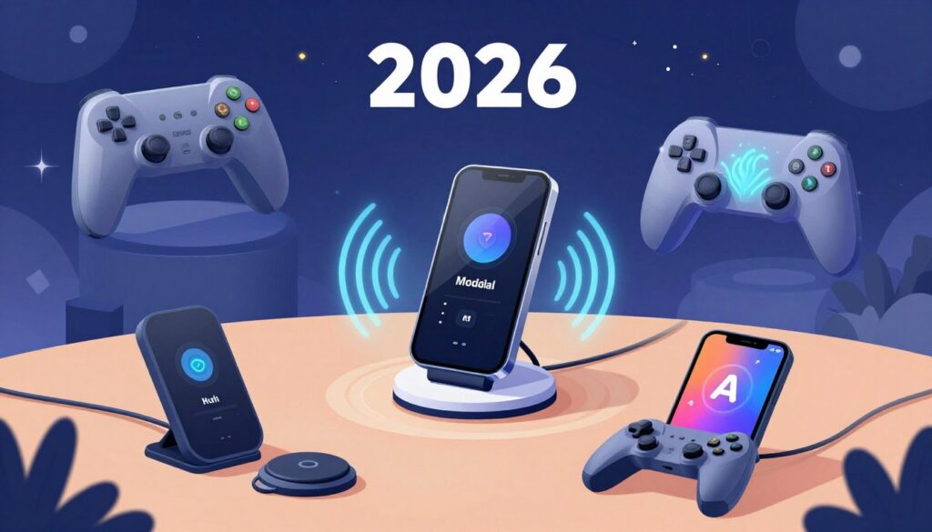 Vizualizare futuristică a tendințelor în gadgeturi pentru gaming casual în 2026
