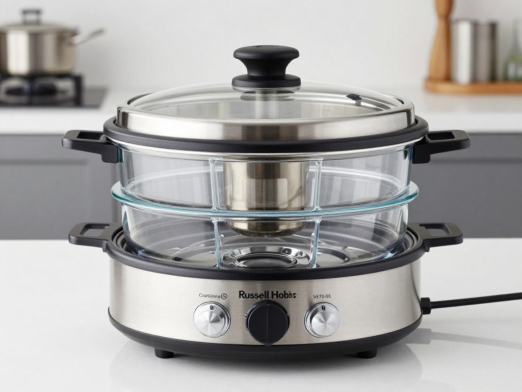 Aparat de gătit cu aburi Russell Hobbs cu bază din inox și trei vase