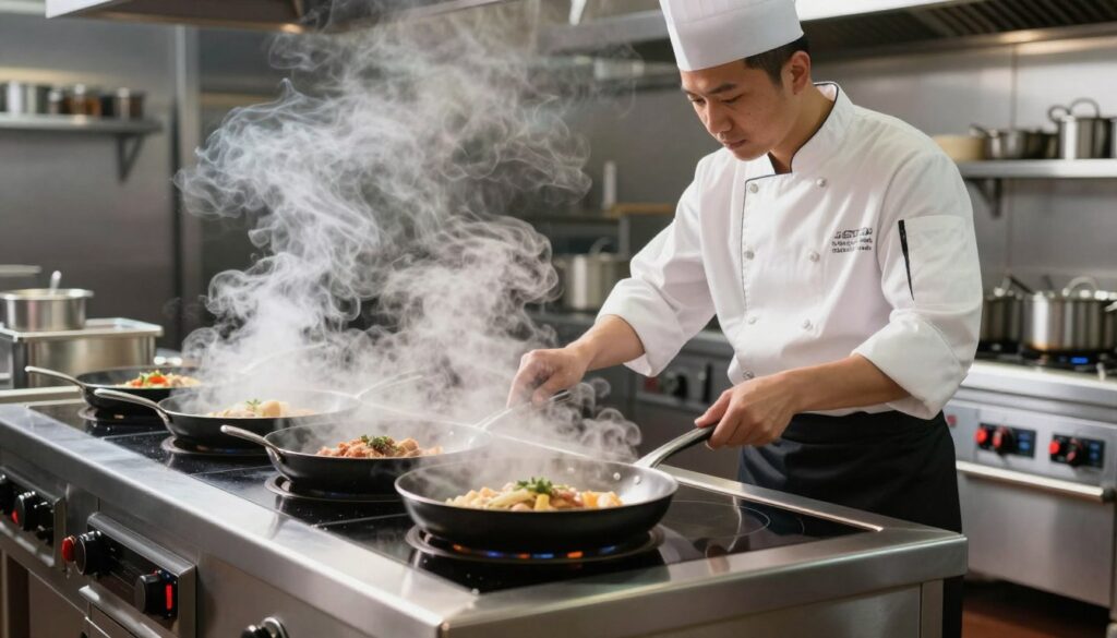 Bucatar profesionist folosind plita electrica pentru preparare culinara