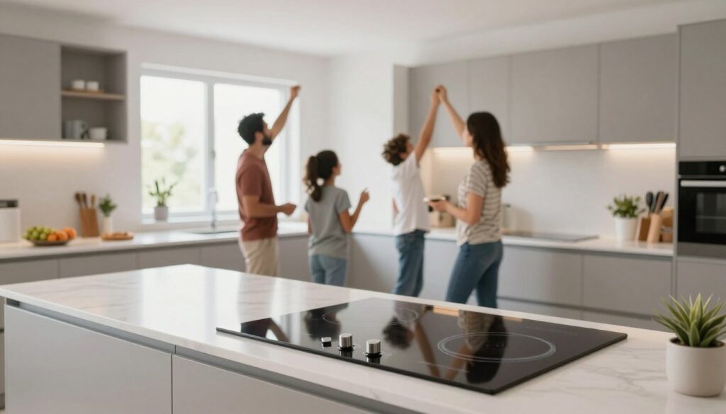 Bucatarie moderna cu plita electrica noua instalata si familie fericita