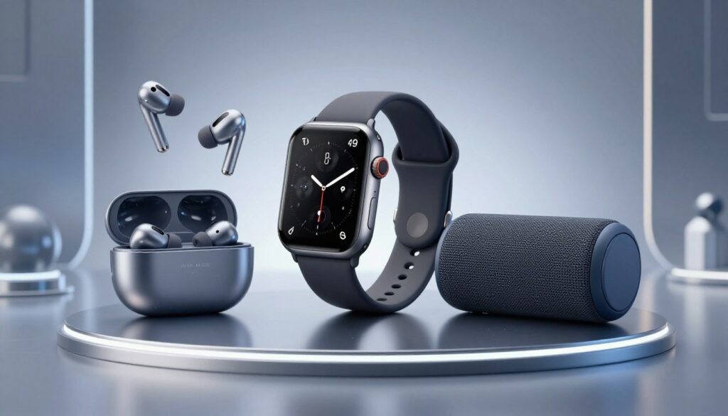 Cadouri tech moderne pentru bărbați prezentate pe fundal futurist