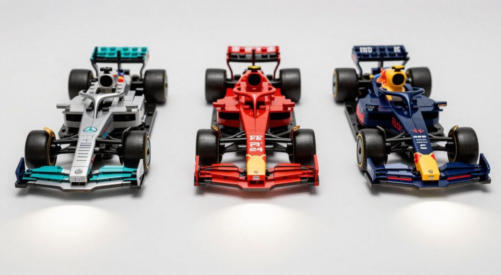 Cele trei seturi LEGO F1 Mercedes Ferrari Red Bull alăturate