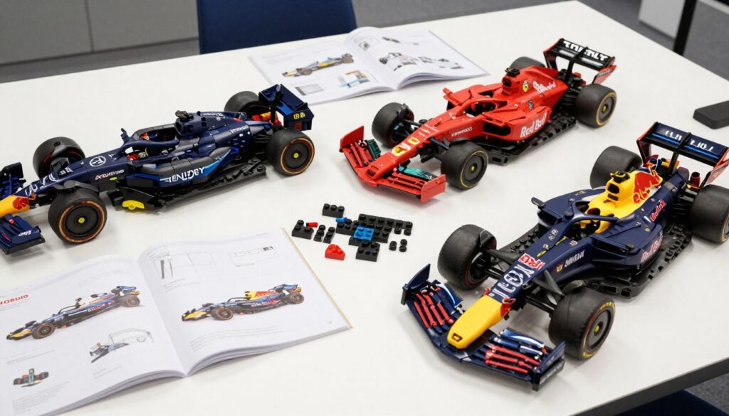 Cele trei seturi LEGO F1 în diverse stadii de asamblare