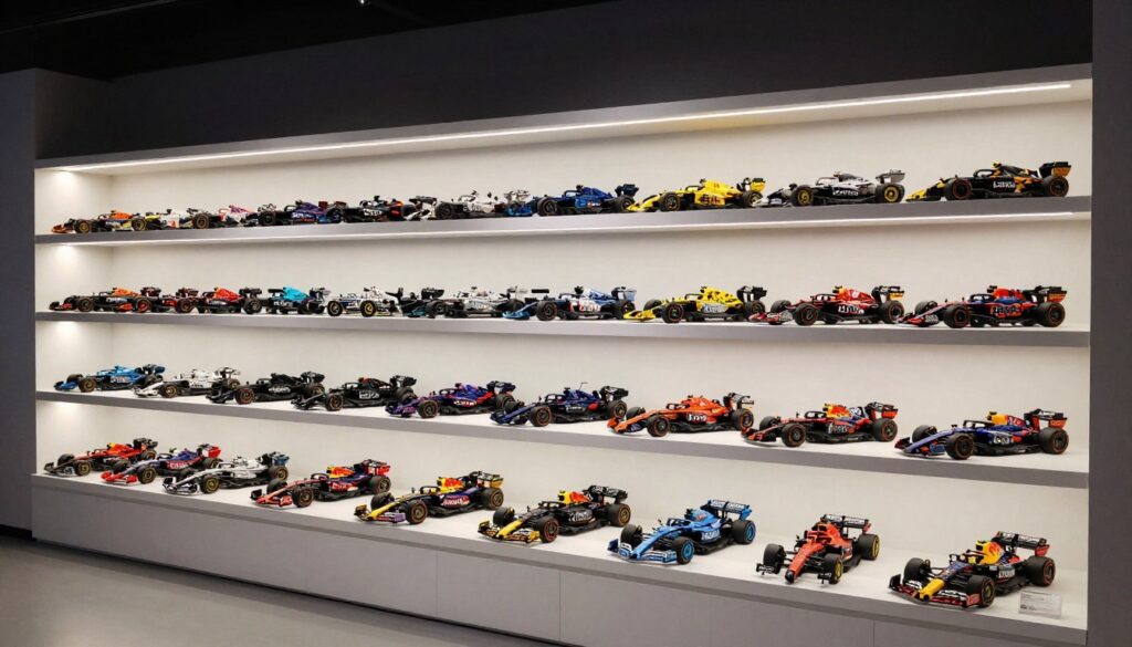 Colecție completă LEGO F1 toate echipele pe raft iluminat