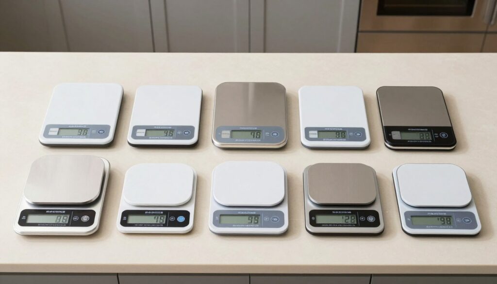 Comparatie vizuala celor 7 cantare de bucatarie asezate pe blat Comparatie vizuala celor 7 cantare de bucatarie asezate pe blat