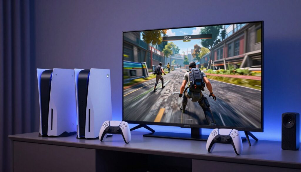 Console de gaming conectate la televizor OLED demonstrând caracteristici gaming Console de gaming conectate la televizor OLED demonstrând caracteristici gaming