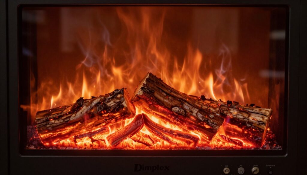 Detaliu focar Dimplex Revillusion cu efect lemne inrosit