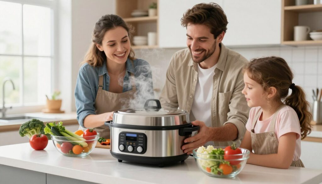 Familia fericită folosind aparatul de gătit cu aburi în bucătărie modernă