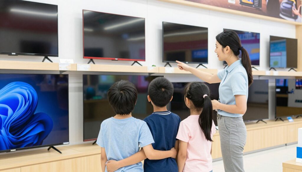 Familie alegând TV în magazin