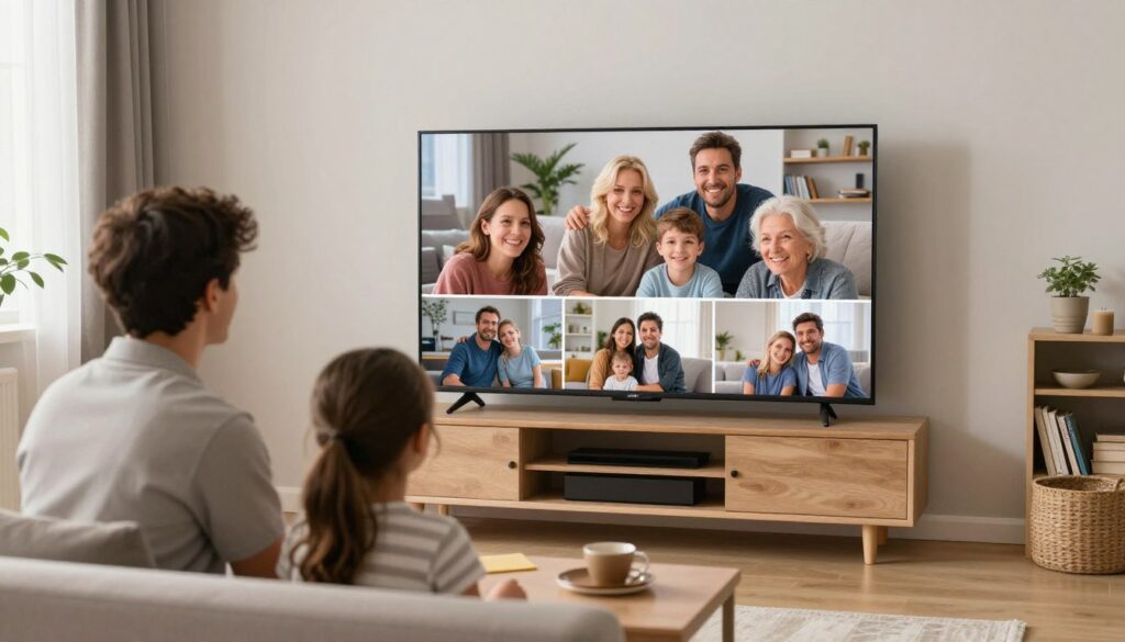 Familie bucurându-se de noul televizor 4K în apartament modern românesc