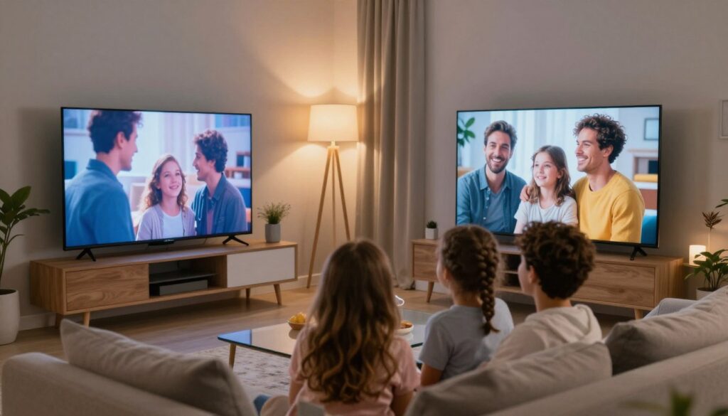 Familie bucurându-se de televizor OLED într-un apartament modern românesc Familie bucurându-se de televizor OLED într-un apartament modern românesc