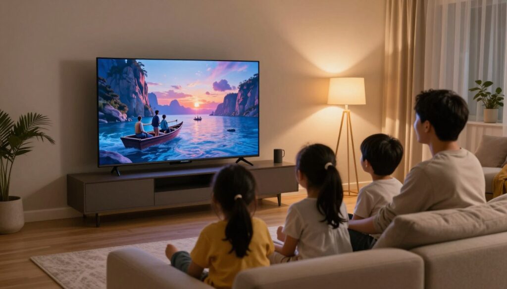 Familie bucurându-se de televizor nou