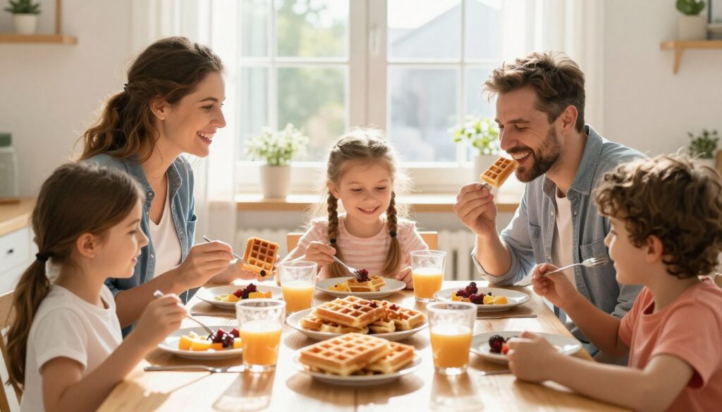 Familie bucurându-se de vafe proaspăt preparate