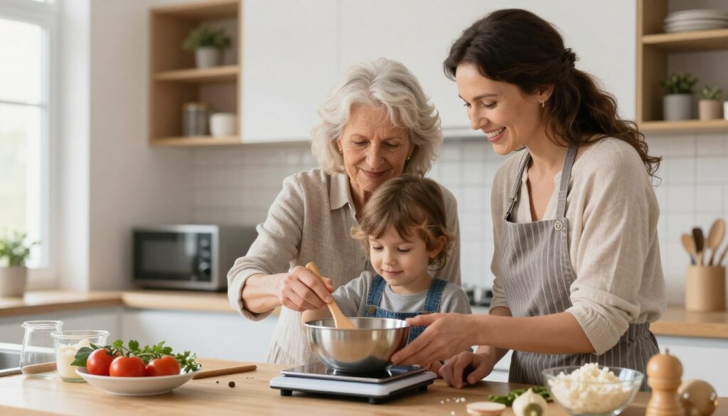 Familie fericita gatind impreuna folosind cantar de bucatarie precis Familie fericita gatind impreuna folosind cantar de bucatarie precis