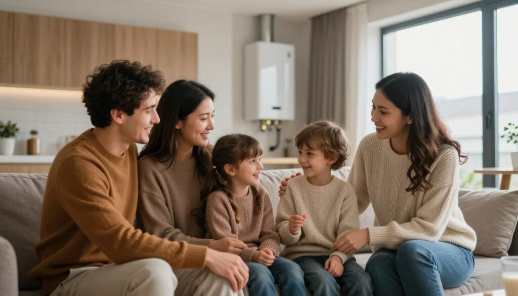 Familie fericita in apartament cald incalzit de centrala termica moderna