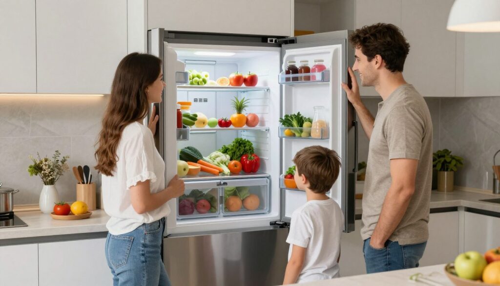 Familie fericita in bucatarie moderna cu frigider No Frost eficient energetic