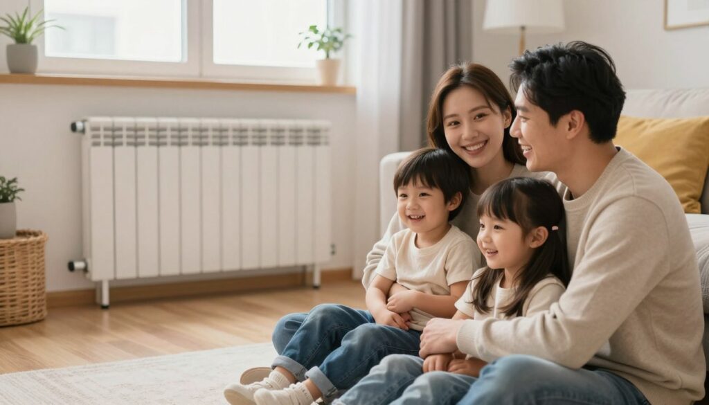 Familie fericită într-un apartament cald cu calorifer electric modern