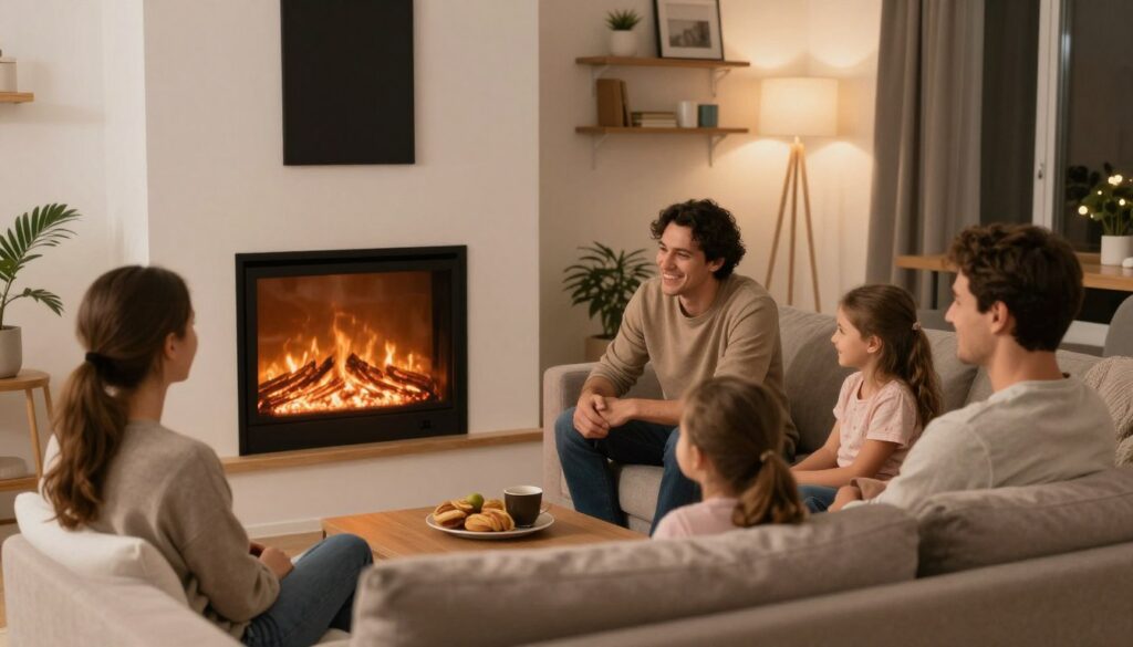 Familie fericita langa semineu electric in apartament romanesc