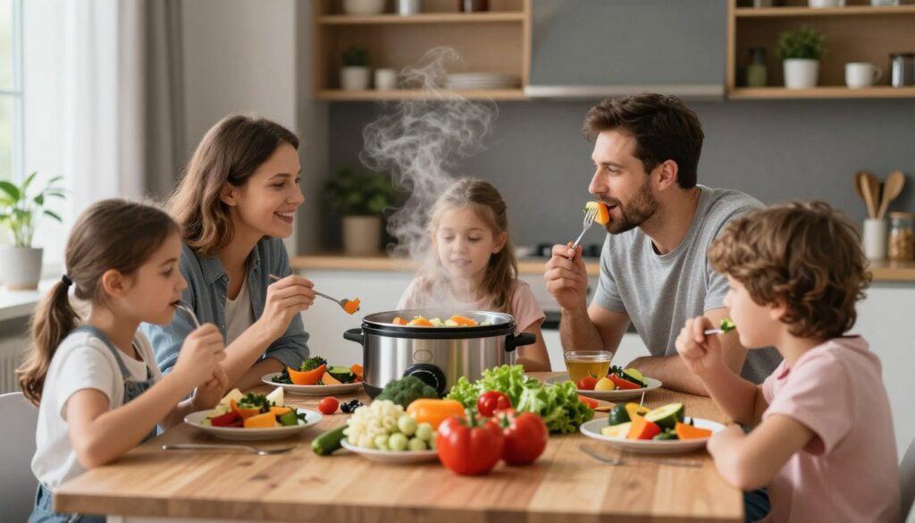 Familie fericita mananca legume sanatoase gatite la aburi bucatarie moderna