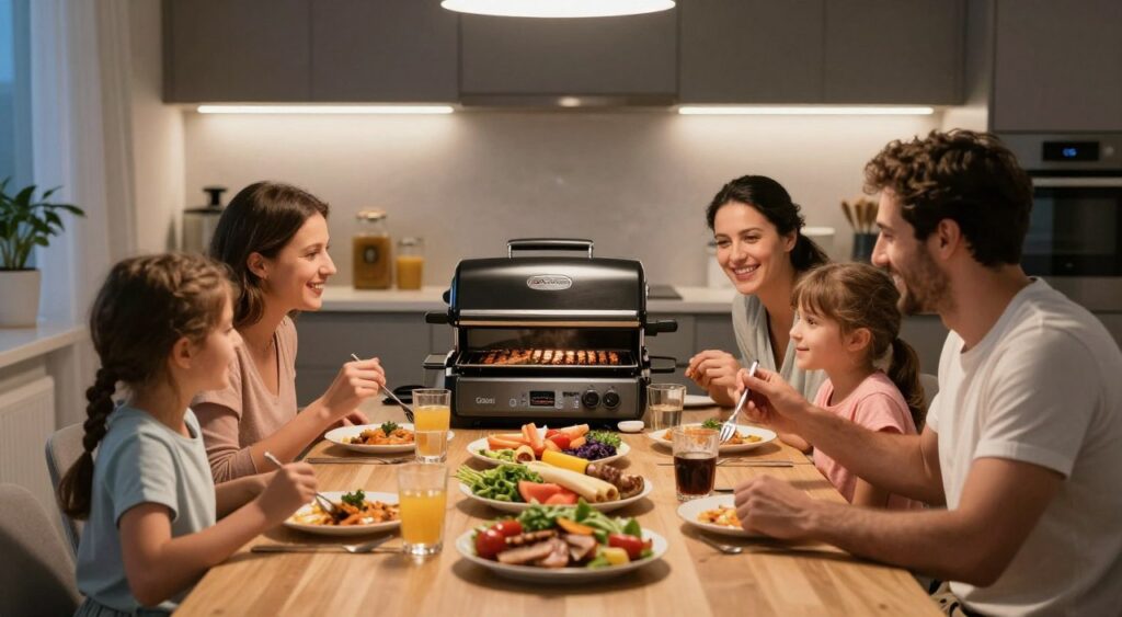 Familie fericită savurând masă pregătită pe grătarul electric modern acasă