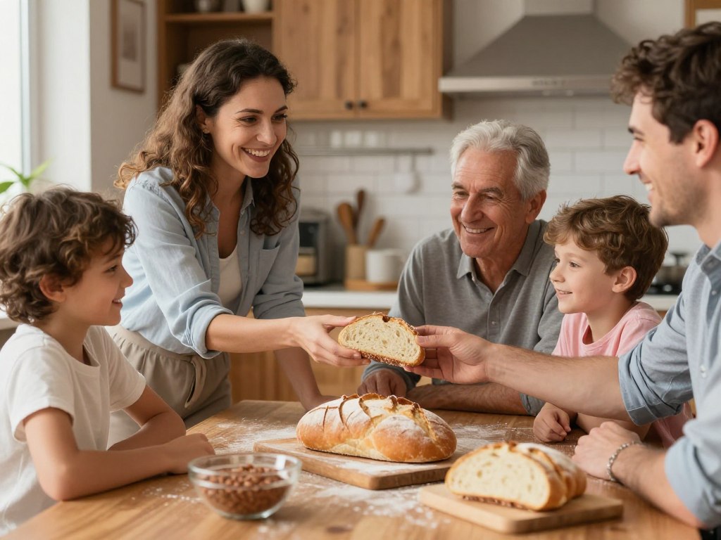 Familie fericită savurând pâine proaspătă făcută acasă